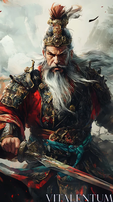 Ancient warlord in ornate armor commands the storm of battle.