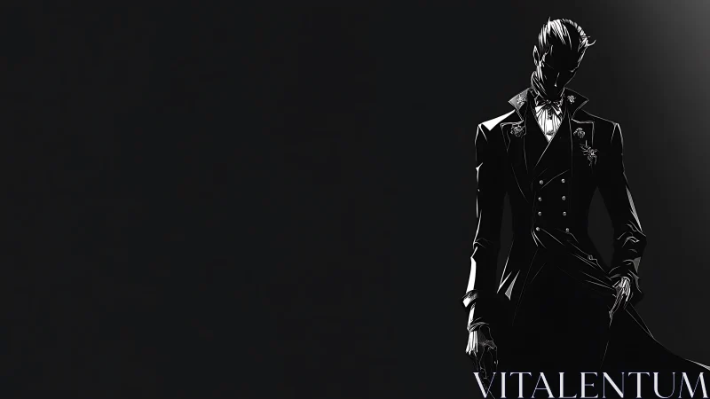 Silhouetted male figure in formal suit on dark background.