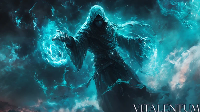 Hooded arcane entity channeling turbulent cyan plasma fields.