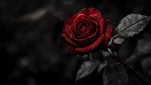 Vivid red rose with dew droplets against dark background