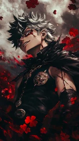 Storm-eyed antihero smiles through crimson falling petals