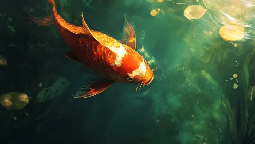Orange koi fish in green pond water with surface light.