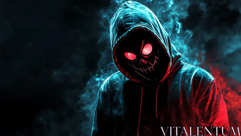 Neon hooded phantom grinning through electric smoke storm.