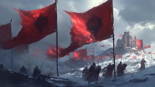 Armored soldiers advance through snowy battlefield of red war banners