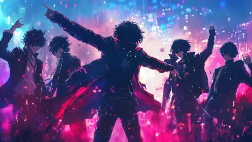 Neon city rebels in dynamic anime silhouette standoff.