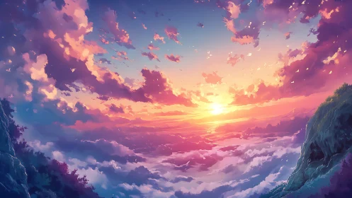 Atmospheric stratified cloudscape at chromatic alpine sunrise.