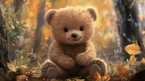 Fluffy cartoon teddy bear sitting in a soft autumn forest.