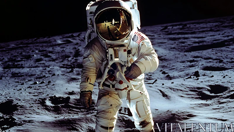 Friendly astronaut exploring the moon’s quiet, silver surface.