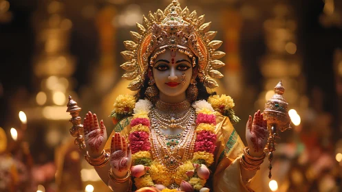 Hindu goddess statue richly adorned with garlands and gold.