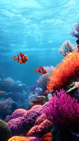 Vibrant coral reef with clownfish in stylized digital seascape.