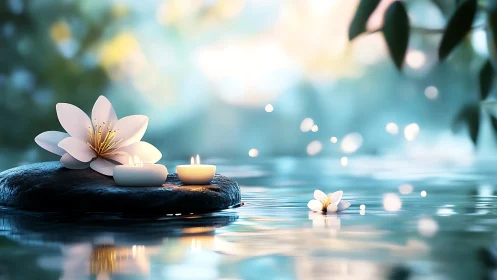 Serene lotus candles glow softly on tranquil turquoise water