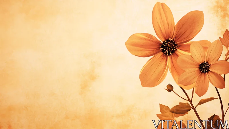 Orange Cosmos Flowers Against Warm Textured Background.