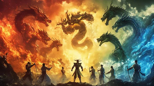 Elemental dragon standoff frames warriors in symmetrical combat
