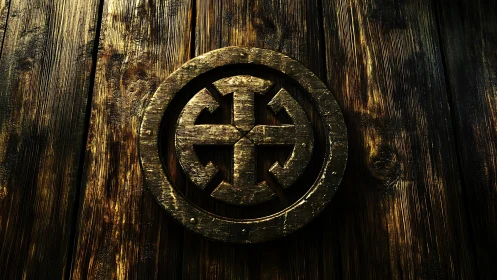 Weathered wooden door with glowing golden emblem.