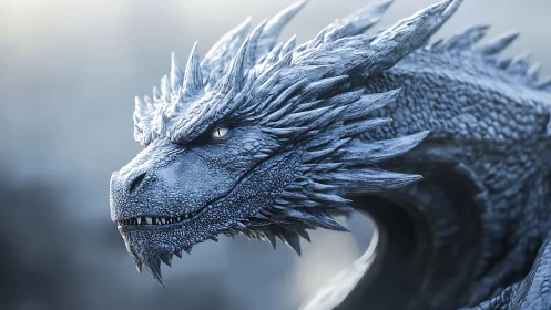 Frost crowned dragon gazes softly through wintery light.