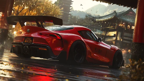 Scarlet street racer idling beneath rainy temple eaves.