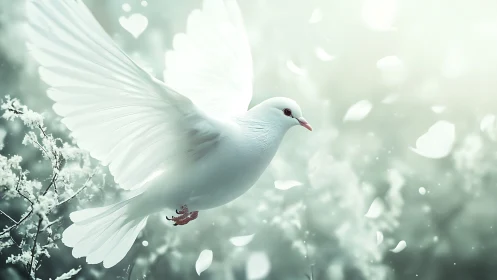 White Dove in Flight with Floral Elements and Bokeh Background