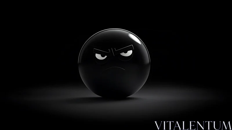 Glossy black emoticon sphere with stylized angry facial expression