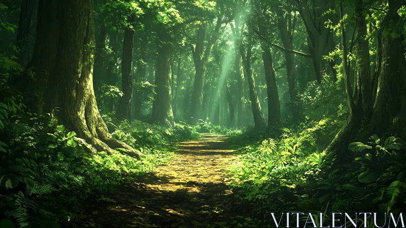 Radiant Forest Corridor: Atmospheric Canopy with Celestial Light.