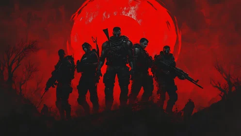 Armed squad silhouettes under large red moon backdrop.