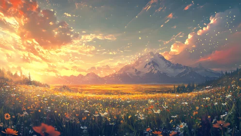 Golden wildflower valley under blazing sunset sky.