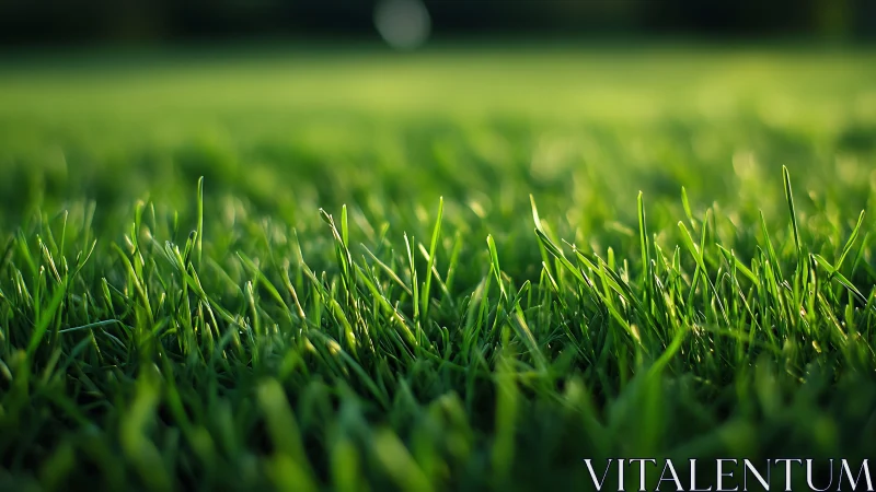 Close-up view of green grass blades in soft daylight field.