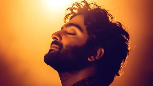 Serene bearded man in warm golden sunset glow meditates.