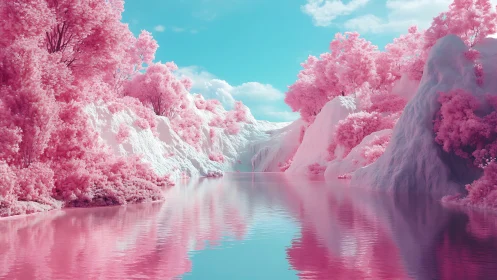 Infrared fantasy river valley with neon pink foliage rendering.