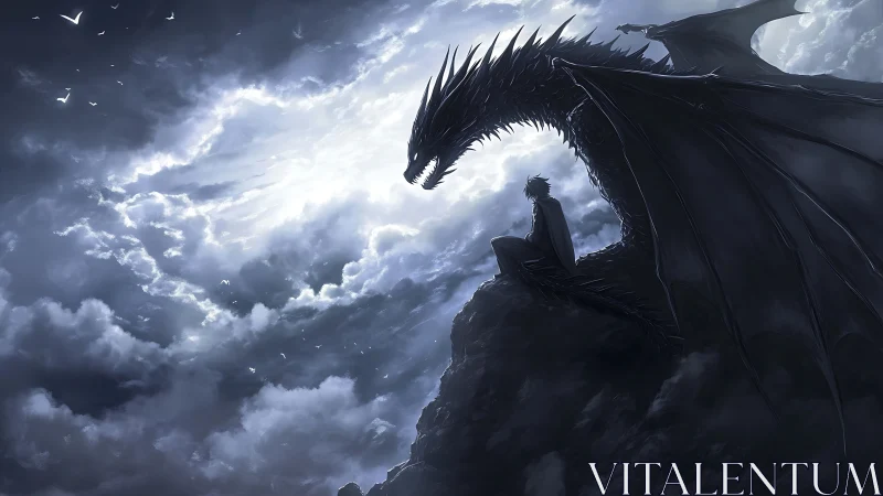 Quiet friendship between rider and dragon above bright clouds.