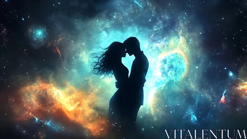 Silhouetted figures positioned centrally against luminous cosmic backdrop.