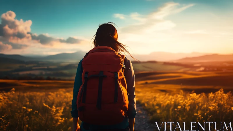 Person with red backpack observing sunlit rural landscape.