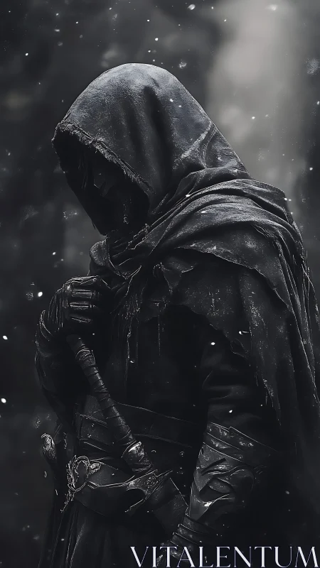 Hooded swordsman stands in snow-dimmed monochrome gloom