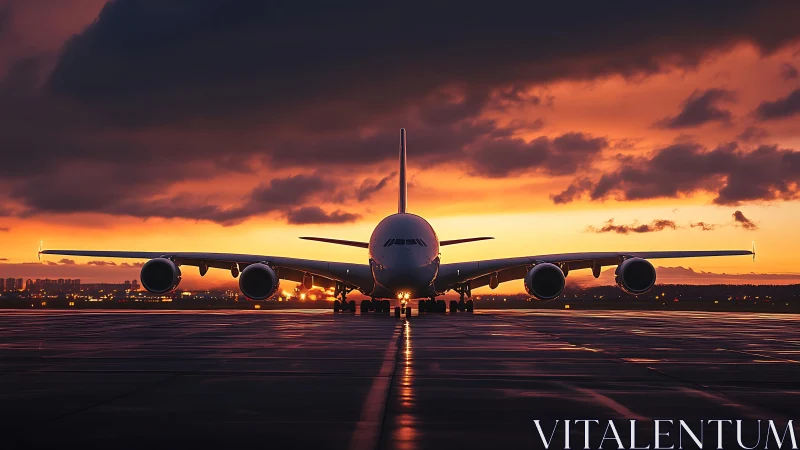 Sunset runway moment with a quiet giant jet waiting to go.