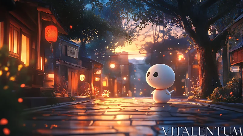 Lantern-lit village stroll with a glowing chibi wanderer.
