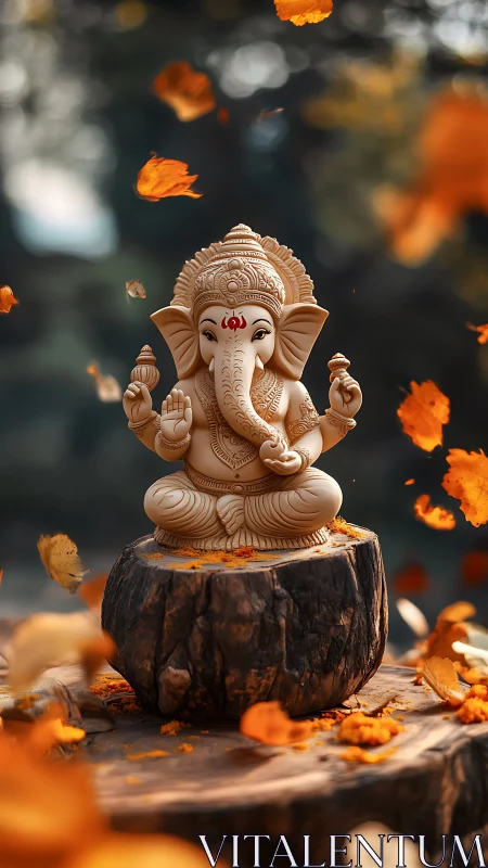 Ornate Ganesh sculpture on stump with dynamic bokeh leaf field.