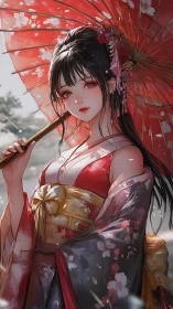 Crimson parasol muse in drifting springtime snowfall.