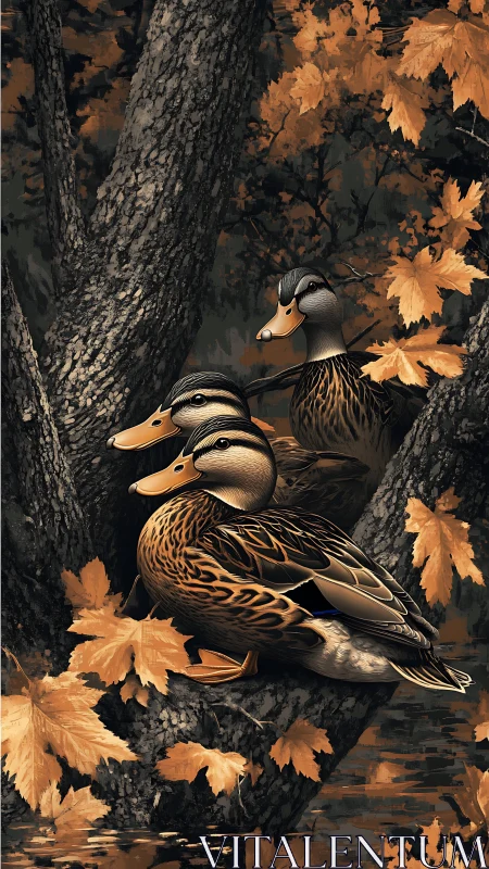 Autumn forest ducks rest among golden leaves peacefully.