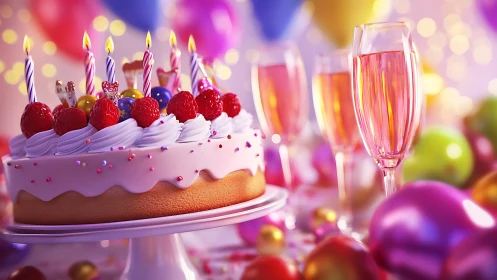 Decorated birthday cake with lit candles adjacent to champagne flutes.