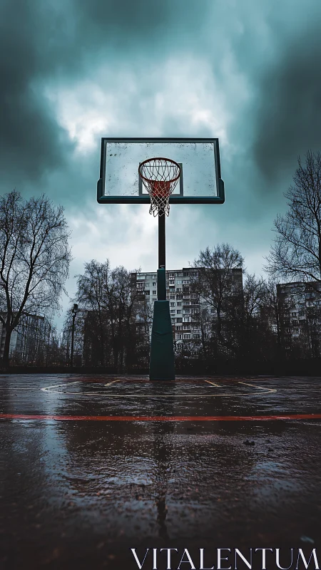 Urban basketball hoop under stormy teal evening sky.