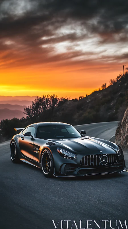 Black Mercedes sports car on winding mountain road at sunset.