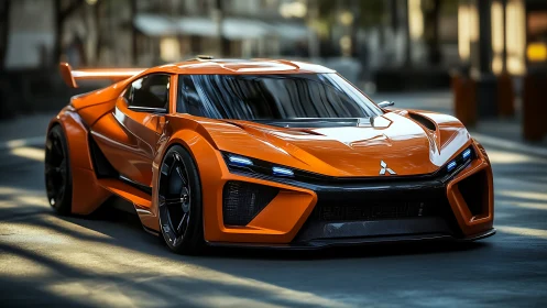 Orange Mitsubishi supercar concept stands parked on city street