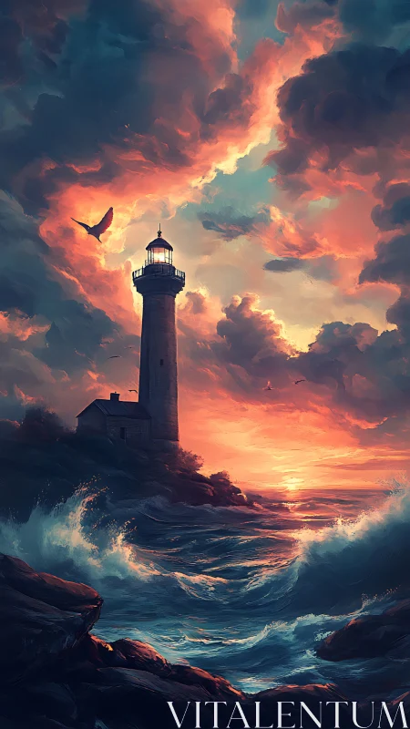 Stormlit lighthouse guards blazing sunset horizon seascape.