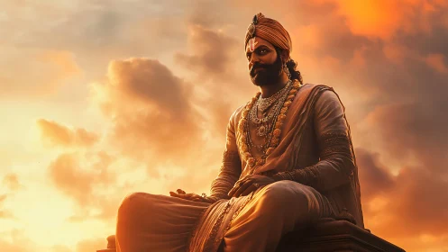 Golden dusk over serene royal statue in quiet reflection.