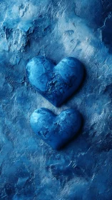 Two Textured Heart Shapes Embedded in Monochromatic Blue Dimensional Surface