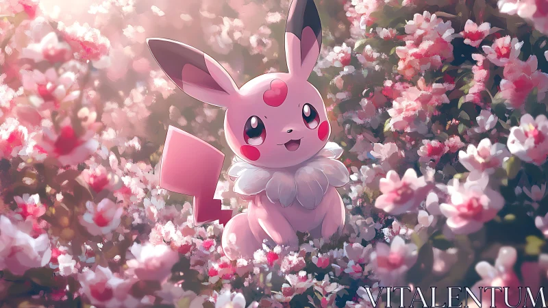 Pink rabbit-like creature in dense pink flowering field.