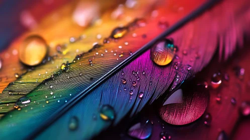 Rainbow feathers glow softly beneath sparkling water drops