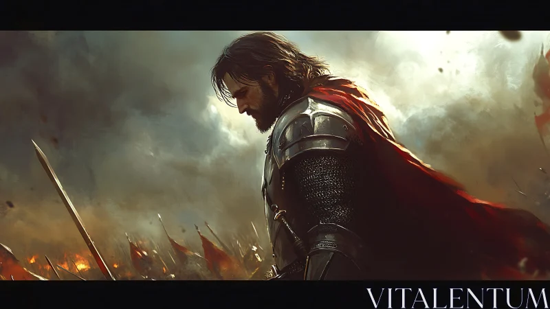 Armored medieval warrior with red cloak on battlefield.