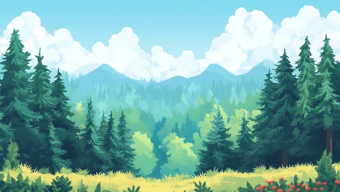 Forest landscape with mountains, coniferous trees, and layered atmospheric perspective.
