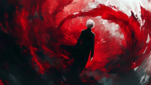 Solitary figure enters a crimson vortex in dynamic brushwork