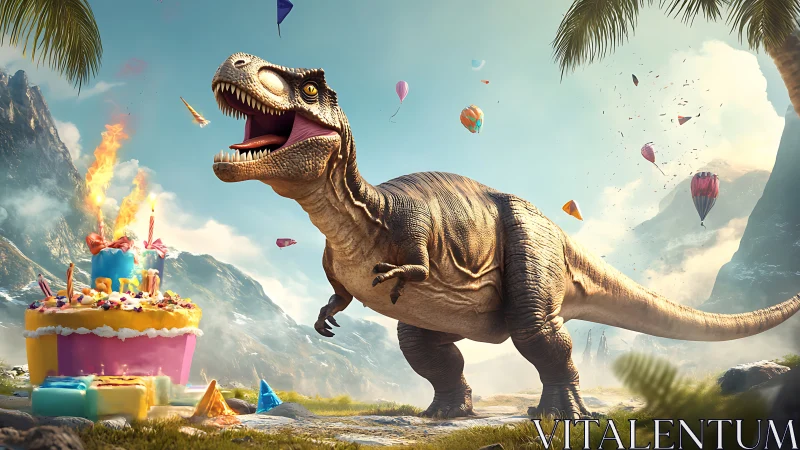 Dinosaur at birthday party with balloons and festive mountain landscape.